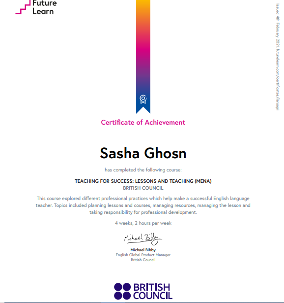 sashgh's tweet photo. So proud to get my certificate for Teaching for Success: Lessons and Teaching (MENA) on @FutureLearn: https://t.co/4hNWpIqmU9 #FLsuccessfulLessons
@HalaAlKotob @dina_jradi @Hhhsinfo https://t.co/fpTBRUWurC