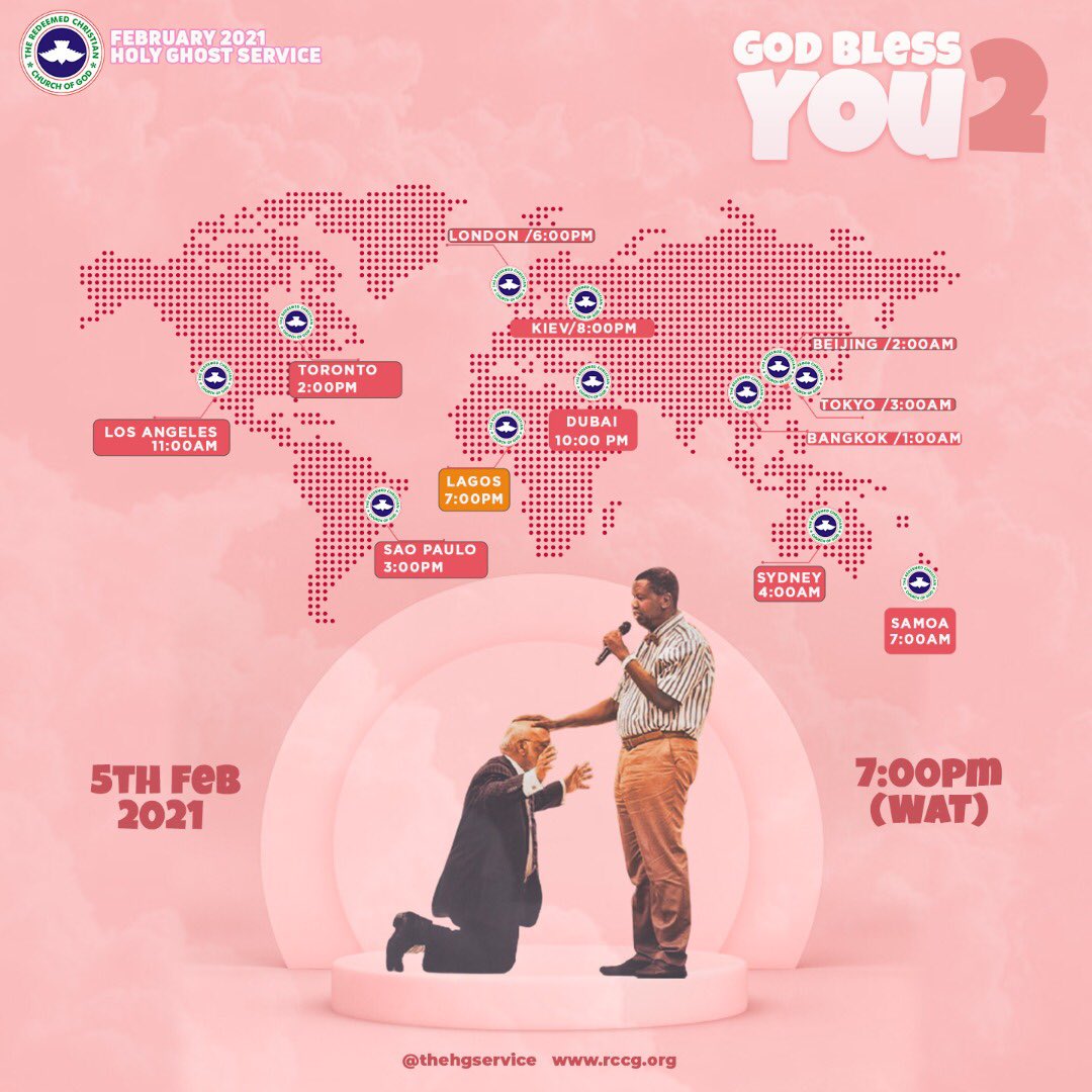 This month’s Holy Ghost Service is going to mark a turning point in your life.

Join us tomorrow for a remarkable service by 7:00pm (WAT).

You can watch it virtually on all our platforms.

Please don’t miss it!

Stay safe and be expectant.

God bless you!

#GodBlessYou2