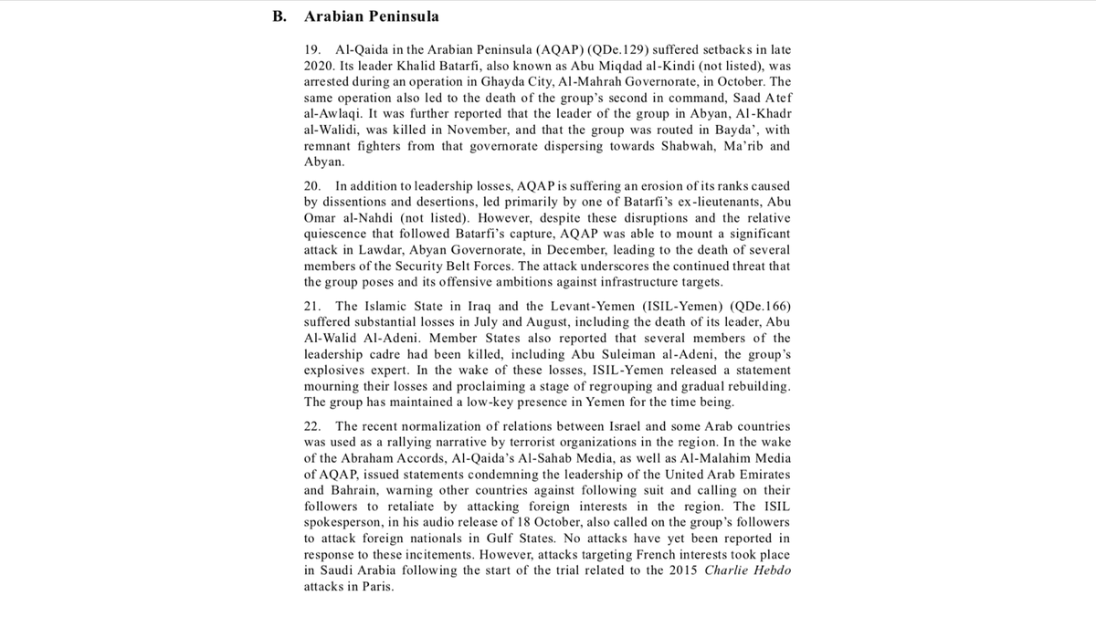 Dr_E_Kendall's tweet photo. Here's the #Yemen part of UN Report confirming months of rumours that #AQAP leader #Batarfi was captured in Ghayda, #Mahra. Ghayda seems an odd choice as:
-close knit community
-hosts #Saudi base & other forces
-easier to hide in backcountry
So he may have been well connected... https://t.co/KYbMgpzwZ5