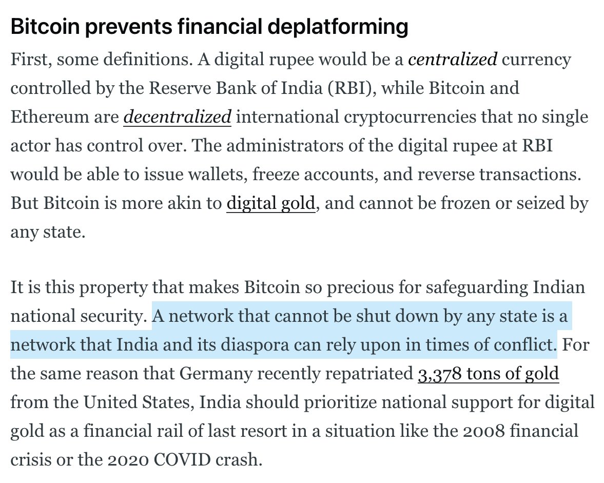 NATIONAL SECURITYCrypto defends India's national security by foiling deplatforming.Bitcoin prevents financial deplatforming. Digital gold is a rail of last resort for crises like 2008.And Ethereum prevents social deplatforming. Create social networks the US can't shut down.