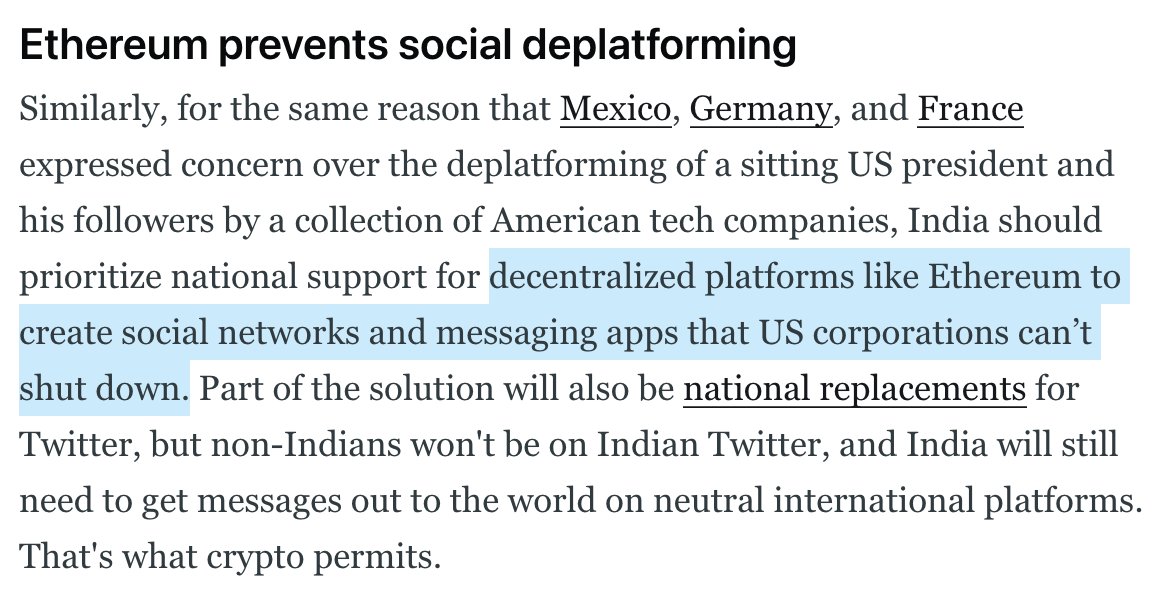 NATIONAL SECURITYCrypto defends India's national security by foiling deplatforming.Bitcoin prevents financial deplatforming. Digital gold is a rail of last resort for crises like 2008.And Ethereum prevents social deplatforming. Create social networks the US can't shut down.