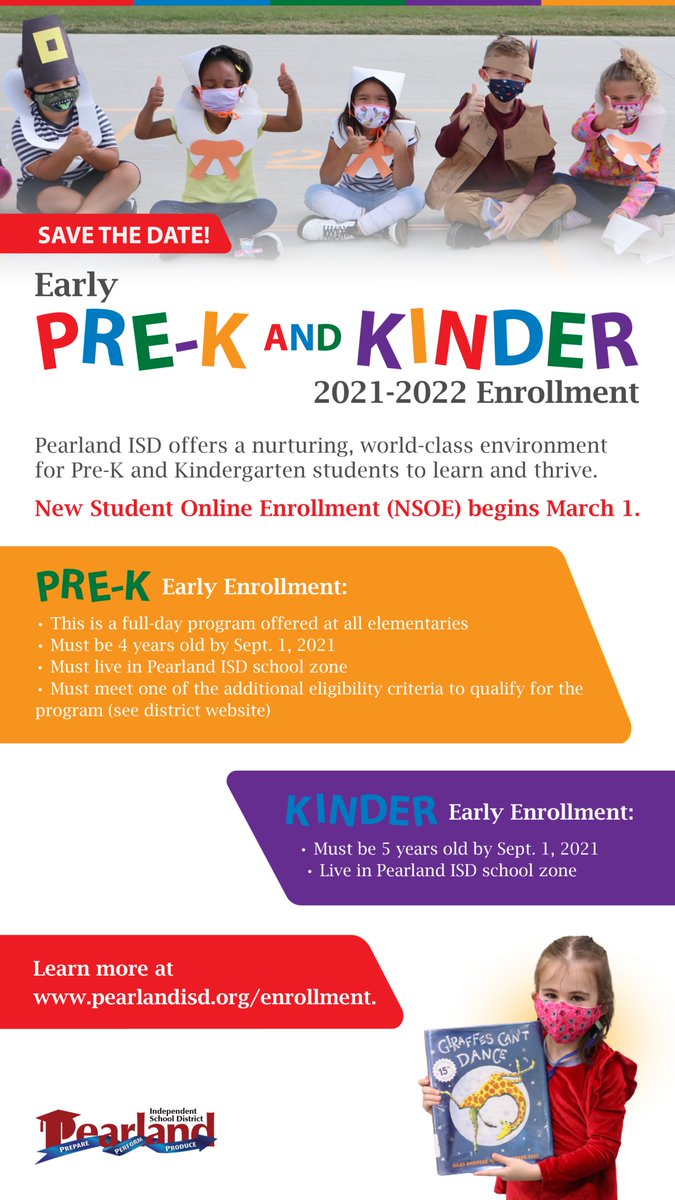 SAVE THE DATE! Early full-time Pre-K and Kinder enrollment process online via the New Student Online Enrollment (NSOE) begins March 1. Save time. Enroll online! Learn more: bit.ly/3q25afy