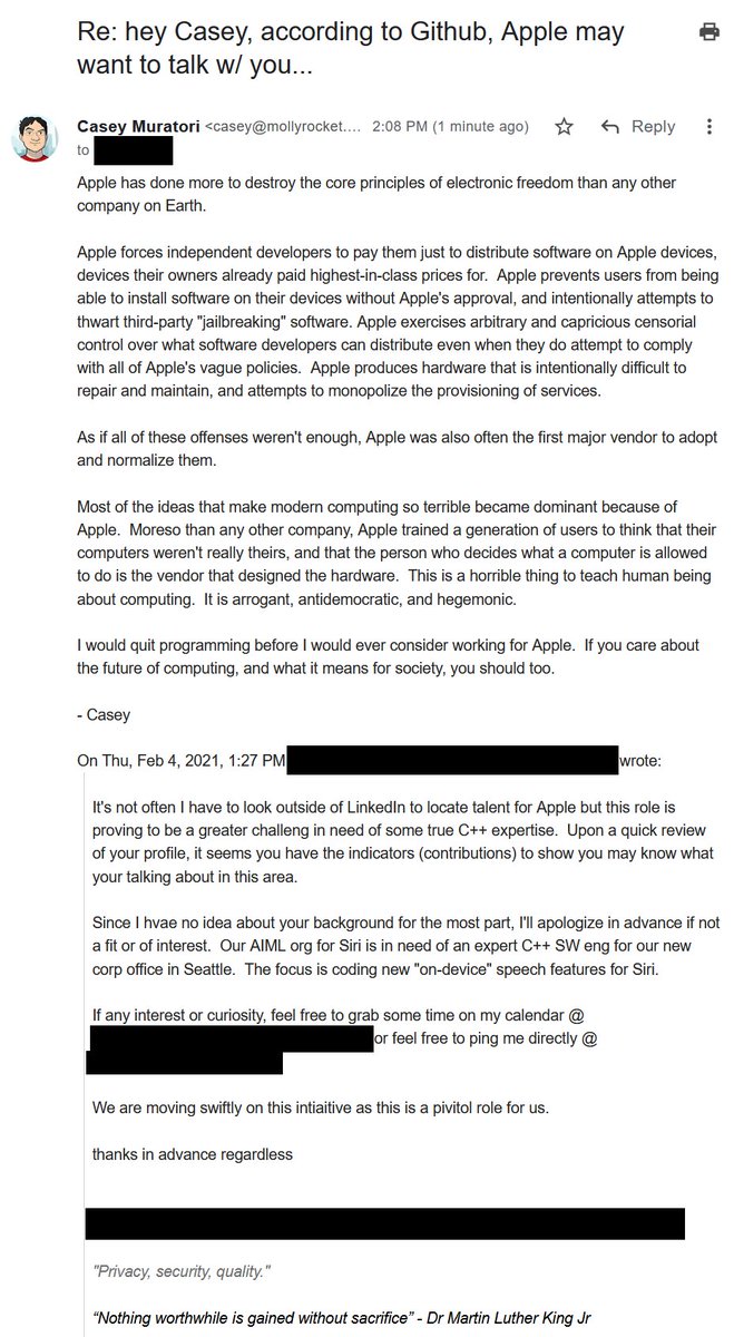 cmuratori's tweet image. I normally reply to recruiters with a polite "no, thank you".  But when they work for a company I find particularly odious, I do not: