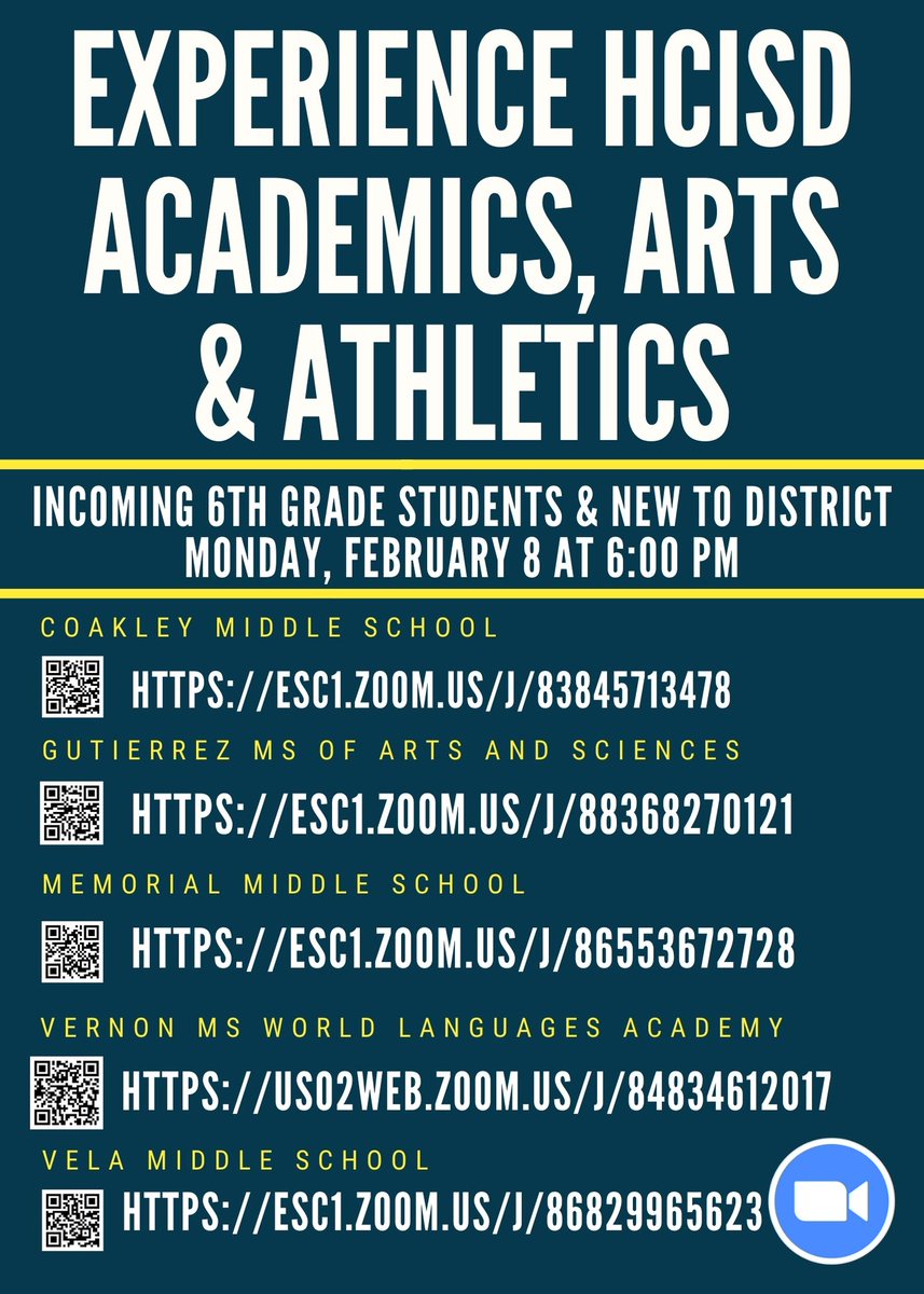 UPDATE to @HcisdVernonMS link -->

 Attention 5th-grade and new to district families!
Learn more about each of our middle schools by attending a virtual information session. RSVP to our event on Facebook: fb.me/e/1ZJc8m7cN