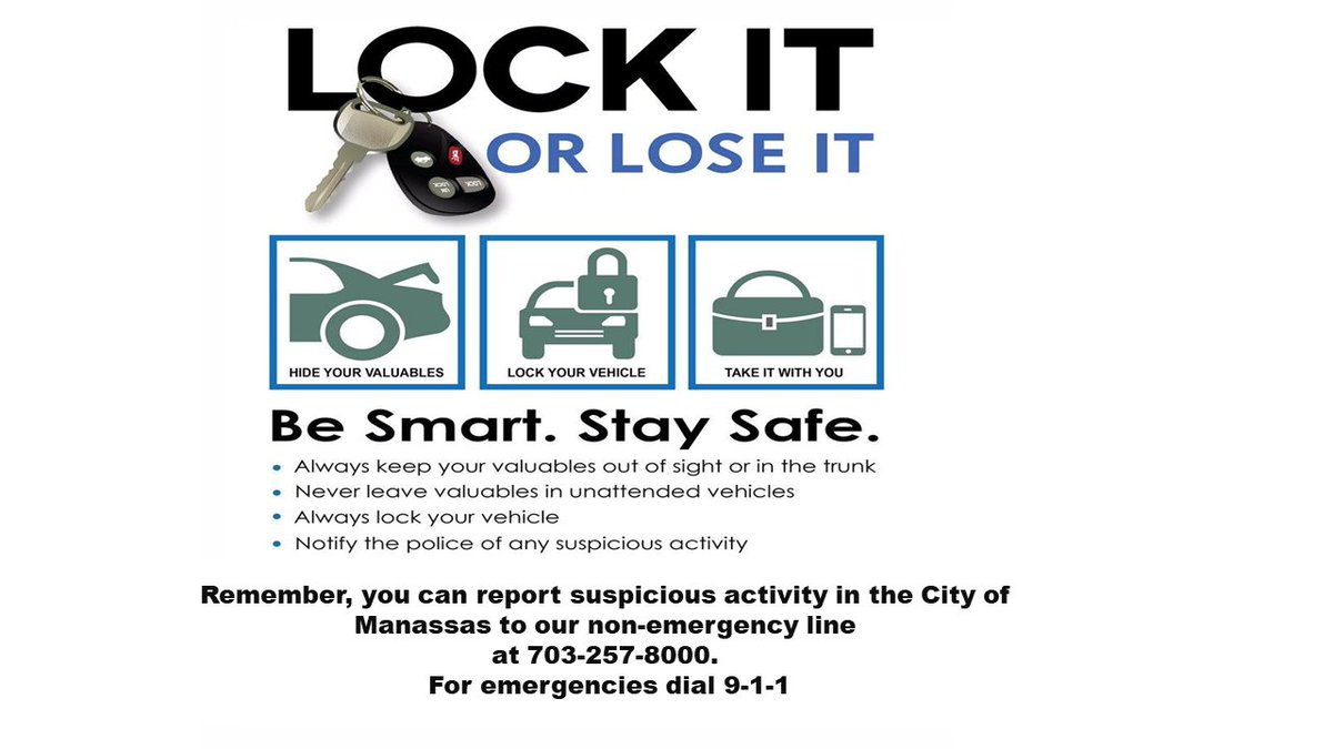 ManassasCityPD's tweet photo. Please ensure your valuables are locked away to help deter property crime. #7PMROUTINE https://t.co/prS2hFeGOA
