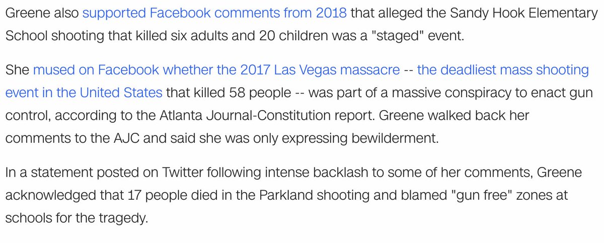 She said this about:- the Parkland shooting that killed 17 people- the Sandy Hook shooting that killed 6 adults and 20 children- the Las Vegas massacre that killed 58 people h/t Jim Galloway- the live bombs sent to Democratic officials & CNNcont'd