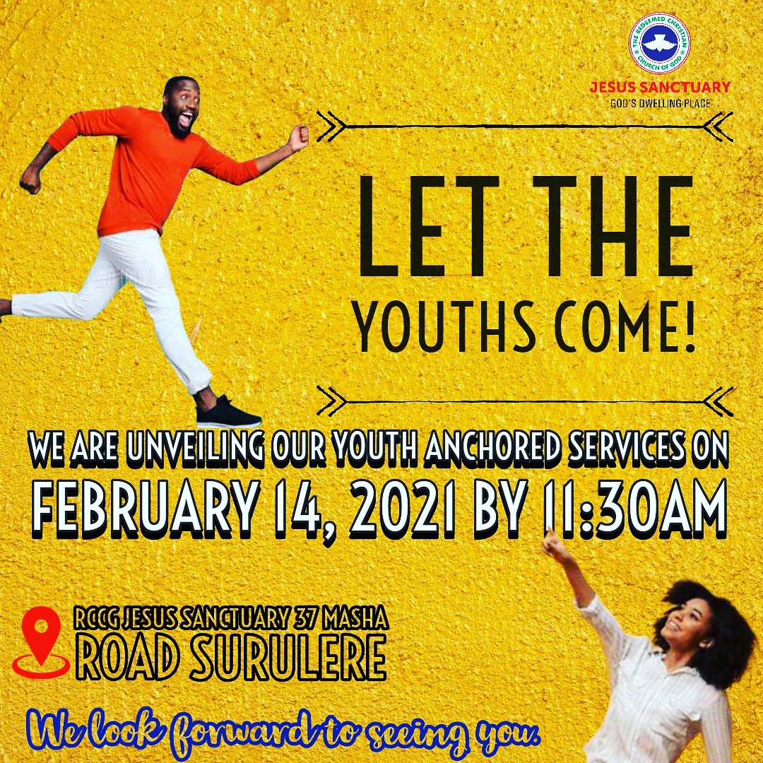 jsp_masha's tweet photo. Let the youths come!

A generation rising...

February 14, 2021| 11:30AM| RCCG Jesus Sanctuary 37 Masha Road Surulere 

Save the date and please invite someone. 

#thisisamove
#youthchurch
#rccg #JSPMasha https://t.co/gFTBbLep6H