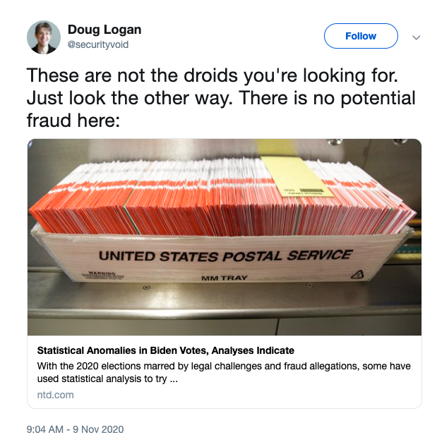 First up, Doug Logan, CEO of  http://cyberninjas.com . Doug has some debunked voter fraud claims he'd like to share with you. He also tried (repeatedly) to connect with Ron Watkins, the twitter-banned 8kun admin. These were all posted *prior* to the Antrim "audit".