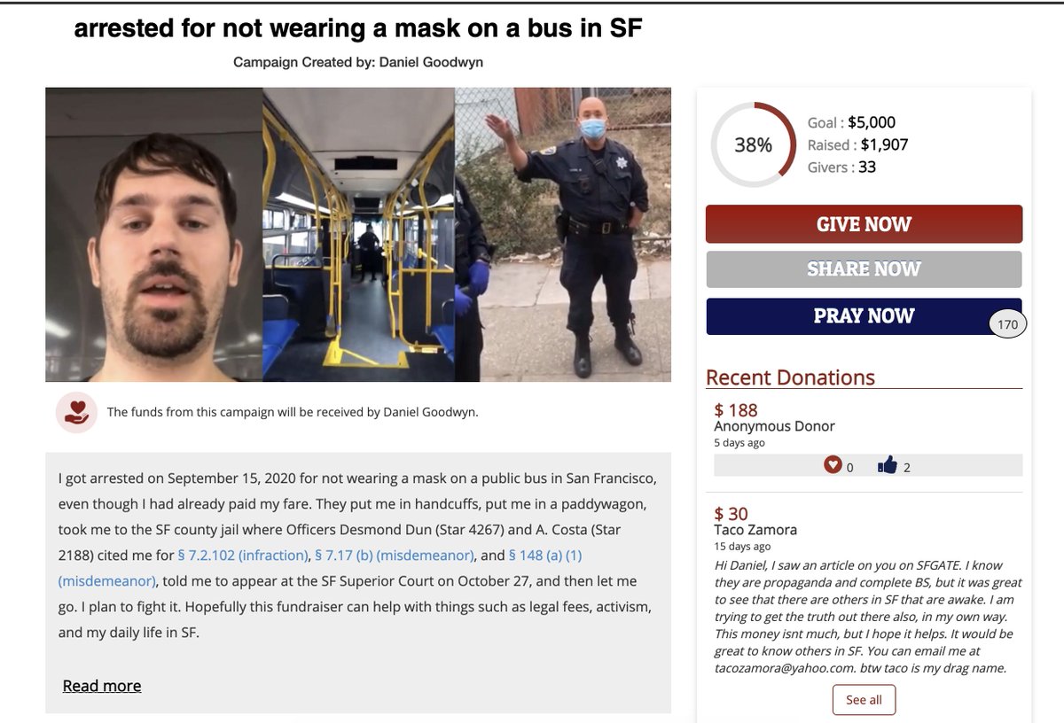 proud boy daniel goodwyn started a fundraiser on  @givesendgo after being arrested for refusing to wear a mask. he updated the page to say he'd use the money to travel to DC for 1/6. he's since been arrested for breaching the capitol. @stripe helped the proud boys fund this.