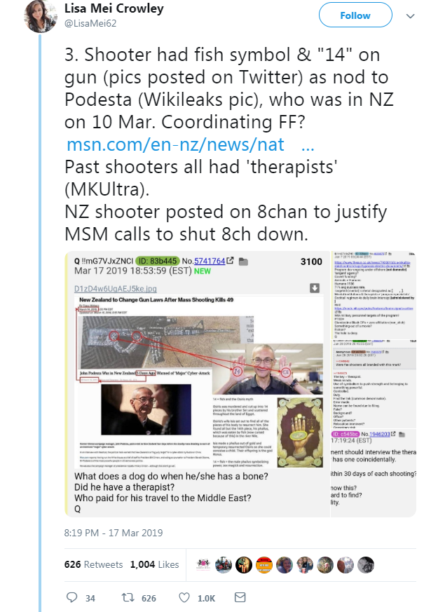 Greene has also praised Lisa Mei Crowley, another QAnon influencer who later falsely called the Christchurch shootings a false flag & pushed the false conspiracy theory that John Podesta was involved with the attacks.