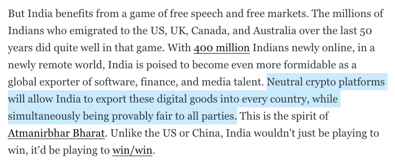 FOREIGN POLICYA renewed non-aligned movement will play a balancing role in the US/China Cold War.India should reposition it as a *decentralized movement* that advocates crypto protocols as a successor to the rules-based order, starting with finance. https://balajis.com/why-india-should-buy-bitcoin/#9-foreign-policy-india-should-back-neutral-crypto-platforms