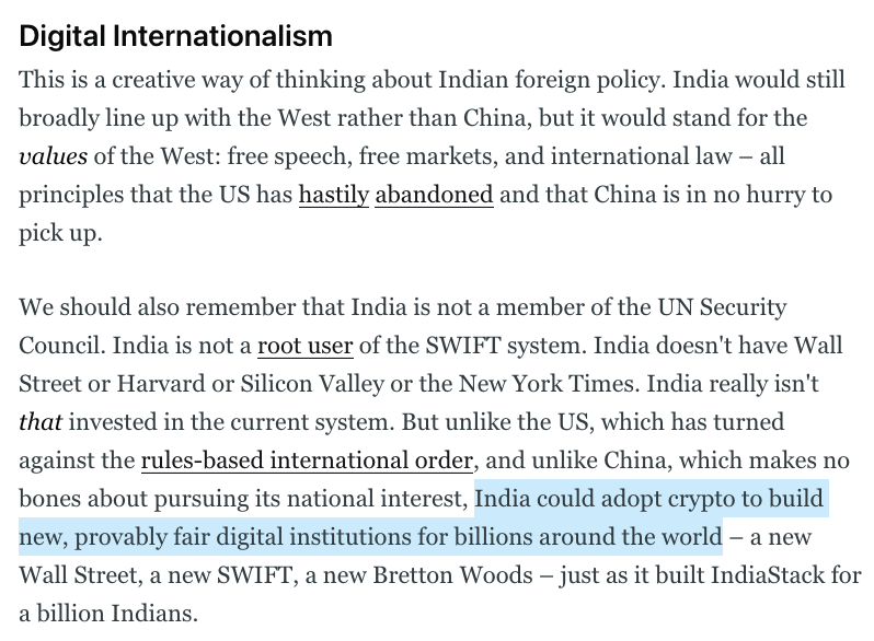 FOREIGN POLICYA renewed non-aligned movement will play a balancing role in the US/China Cold War.India should reposition it as a *decentralized movement* that advocates crypto protocols as a successor to the rules-based order, starting with finance. https://balajis.com/why-india-should-buy-bitcoin/#9-foreign-policy-india-should-back-neutral-crypto-platforms