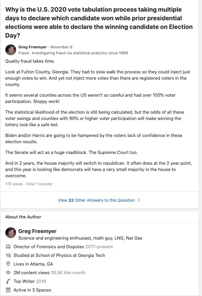 On 11/6, Greg responded to a question asking why the tabulation process was taking multiple days with "Quality fraud takes time". He even wrote a fanfic-style account of that GA "suite case from under the table" video that's been thoroughly debunked.