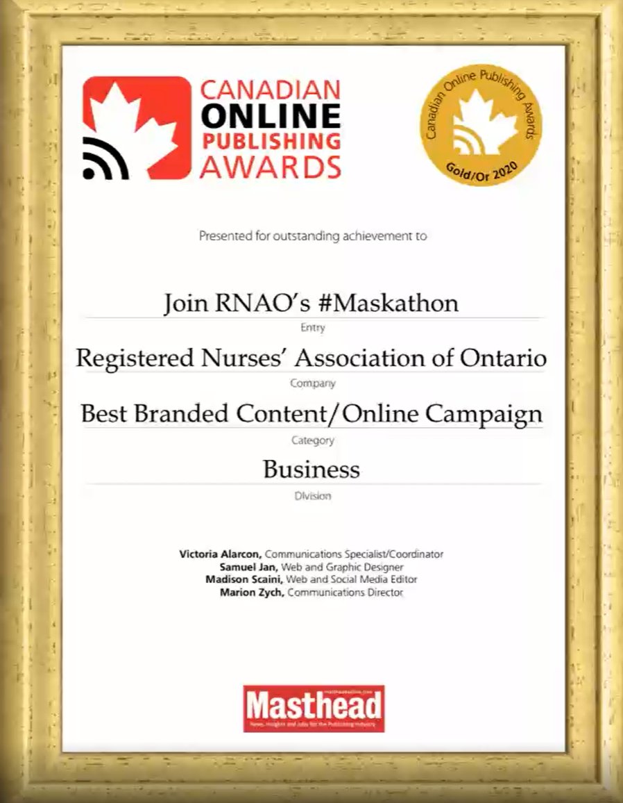 RNAO's tweet photo. Another GOLD!👏👏#COPAwards 

RNAO received this honour for our #Maskathon campaign in the Best Branded Content/Online Campaign division. 

Great job to the team involved! https://t.co/0tVqvVASXF