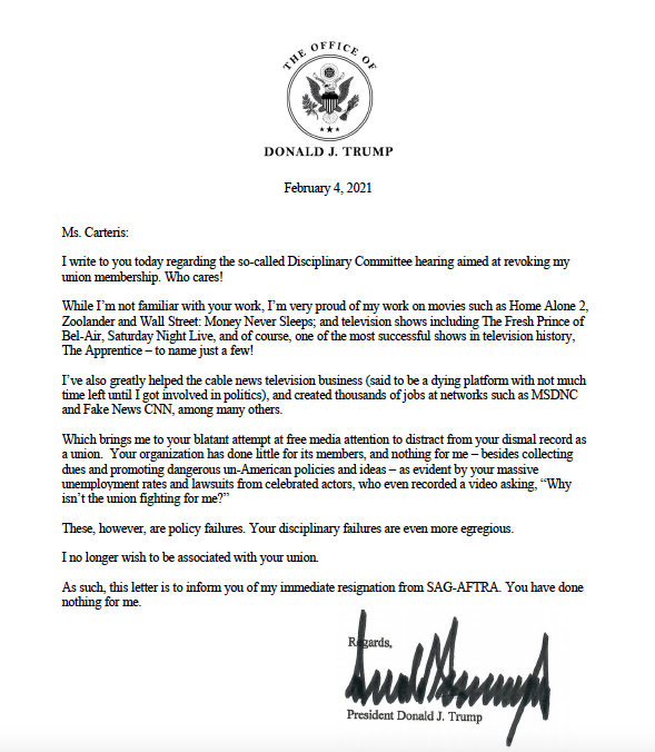 Whoa—I just clocked that Trump signed his letter to SAG-AFTRA "President Donald J. Trump"Given that he's now on trial for inciting an insurrection over false claims he's America's legitimate president, I think this signature, under a fake presidential seal, is a bit troubling