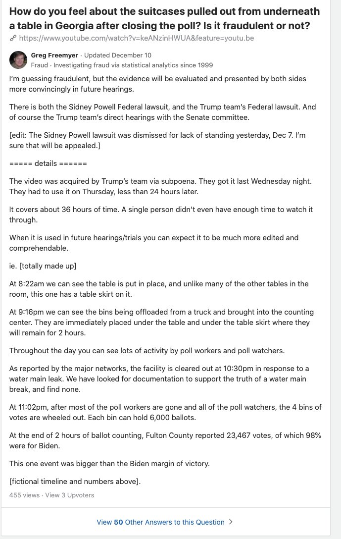 On 11/6, Greg responded to a question asking why the tabulation process was taking multiple days with "Quality fraud takes time". He even wrote a fanfic-style account of that GA "suite case from under the table" video that's been thoroughly debunked.