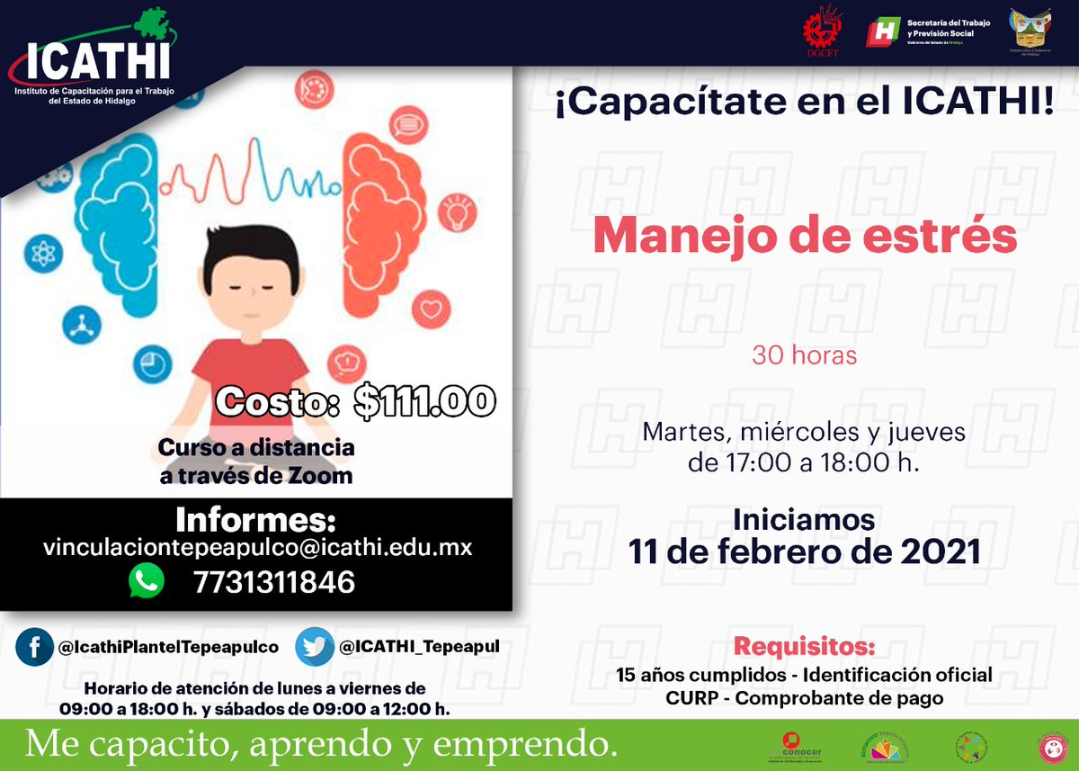 icathi's tweet photo. Aprende a manejar el #Estrés en el #CursoADistancia del #ICATHI. Pide información en el número: número: 7731311846, o escribe al correo: vinculaciontepeapulco@icathi.edu.mx https://t.co/hw5aABJngw
