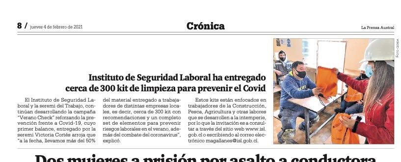MintrabMagallan's tweet photo. ✨Agradecemos nota de @LaPrensAustral 🗞️destacando el avance de la campaña #VeranoCheck y #PasoAPasoLaboral en #Magallanes, a través de la entrega de más de 300 kit con elementos de protección personal en época estival y para prevención del #COVID19👍 @MintrabChile @ISLMagallanes https://t.co/QwmKH2XQPd