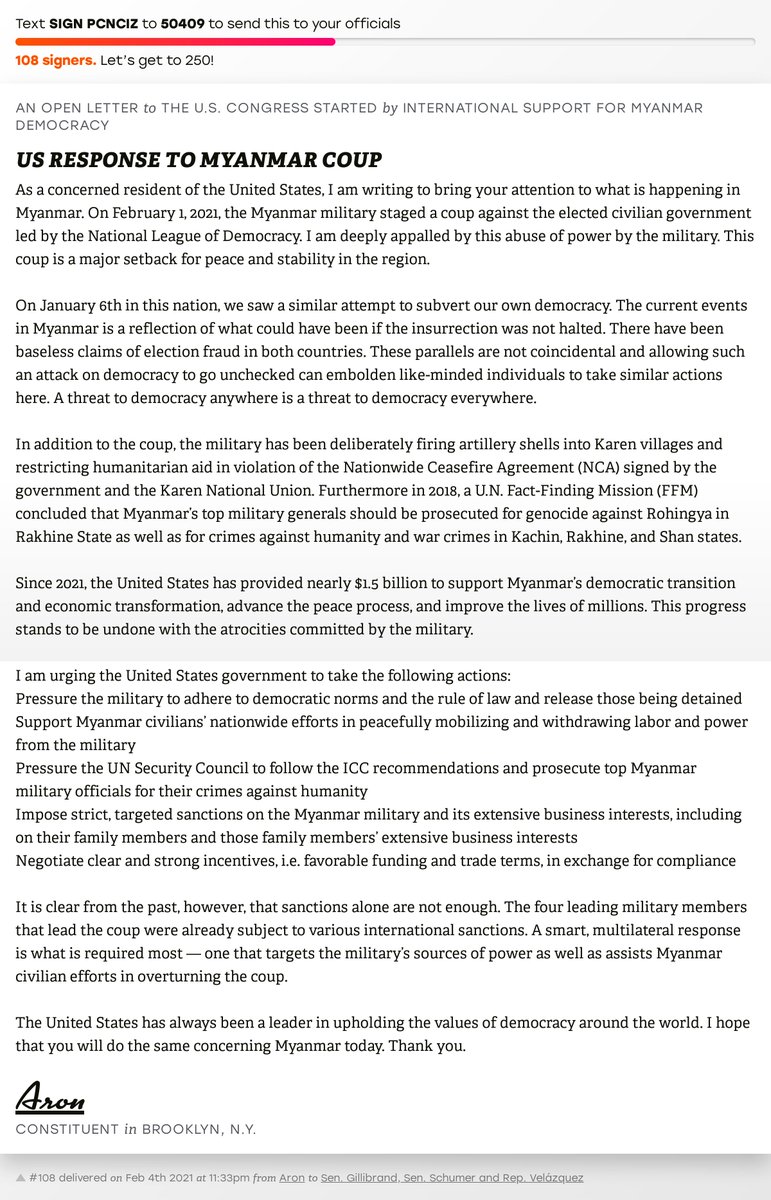 openletterbot's tweet photo. 🖋 Sign “US RESPONSE TO MYANMAR COUP” and I’ll deliver a copy to your officials: https://t.co/CqjcKmbTMv

📨 No. 108 is from Aron to @GillibrandNY, @SenSchumer and @NydiaVelazquez #NY07 #NYpolitics #NYpol https://t.co/9hRh5FpvUX