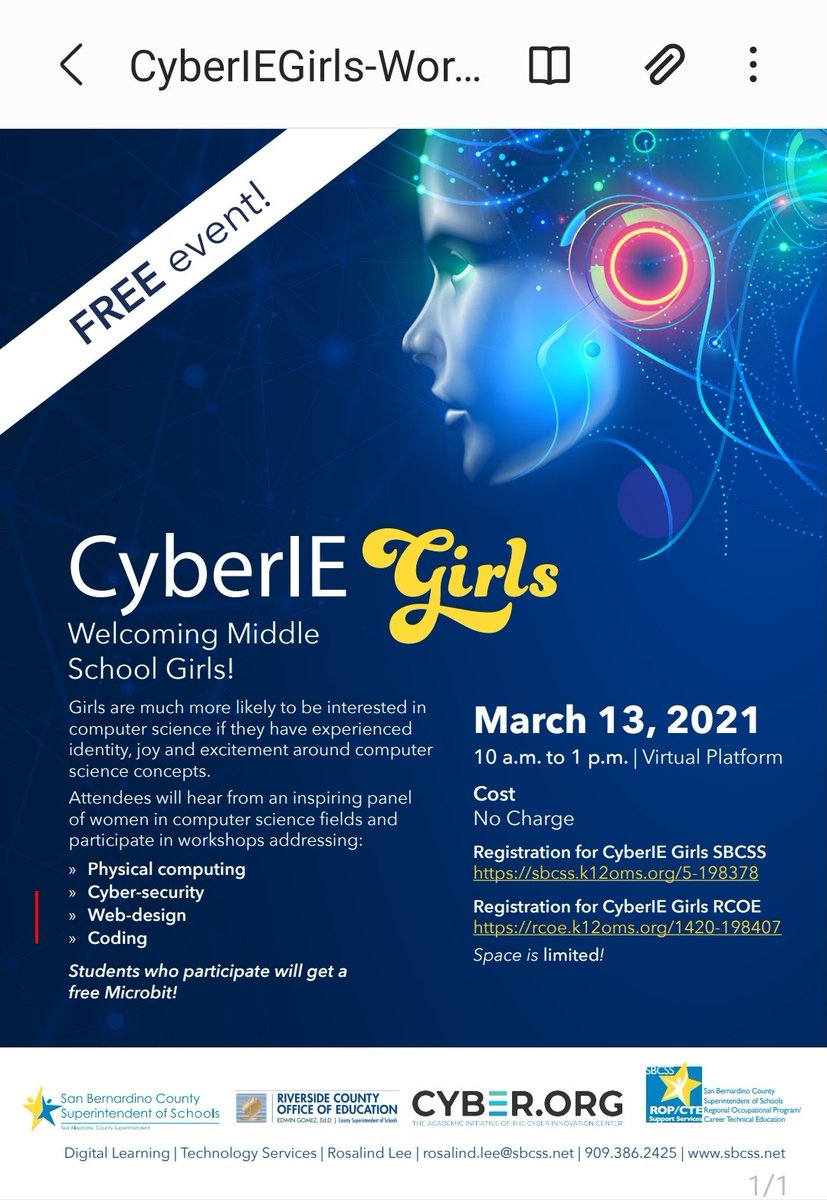 Cyber IE is back! This is a free event for middle school girls! If you are an administrator or educator in @SBCSS, or <a href="/RCOE/">RivCo Office of Education</a> please register your interest here: sbcss.k12oms.org/5-198378
(San Bernardino County Schools)
rcoe.k12oms.org/1420-198407 (Riverside County Schools)