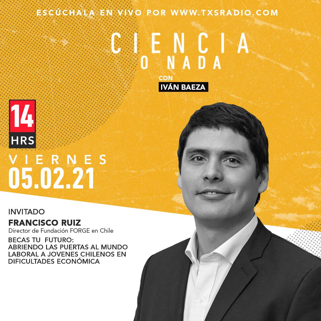 txsradio's tweet photo. Mañana súmate a una nueva edición de #CienciaONada 🧪
Nos acompaña #FranciscoRuiz , Director de #ForgeChile, para hablarnos de las posibilidades de becas que ofrece su fundación 
Desde las 14:00 hrs ¡No te lo pierdas! Con la conducción del gran @Ivan_Baeza 🐑 https://t.co/Xdjr8TbnlN