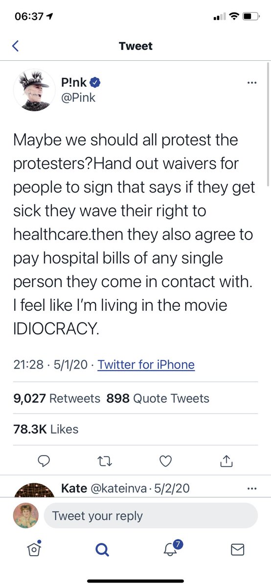 6/x Even musician Pink, who later contracted COVID, said healthcare should be denied to COVID protestors.  https://twitter.com/pink/status/1256410299675979777?s=21