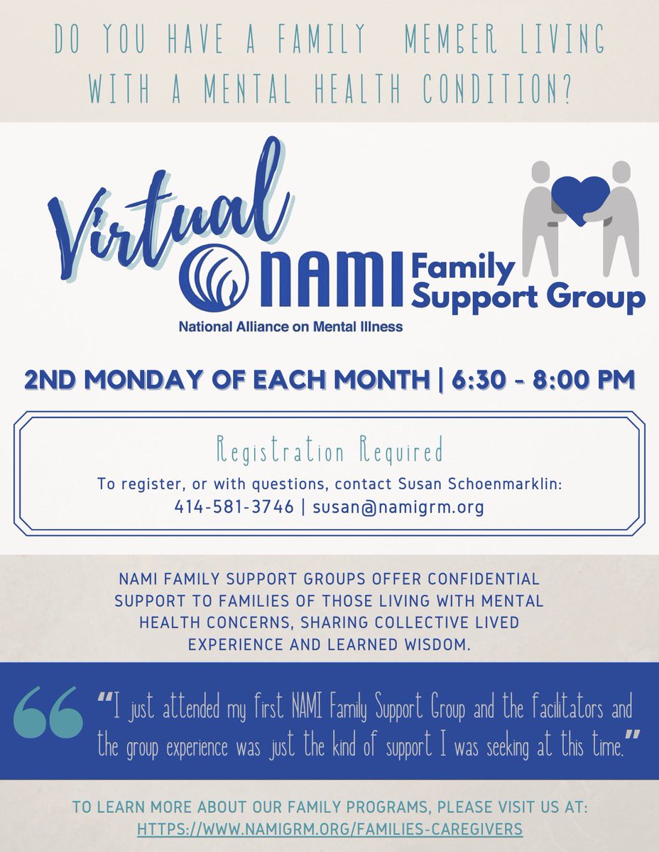 NAMIMKE's tweet photo. Virtual Family Support Group!  2nd Monday of every month. 6:30-8:00 PM. Registration required:  Contact Susan Schoenmarklin at 424-581-3746 or susan@namigrm.org. https://t.co/6OEitQ7kEa