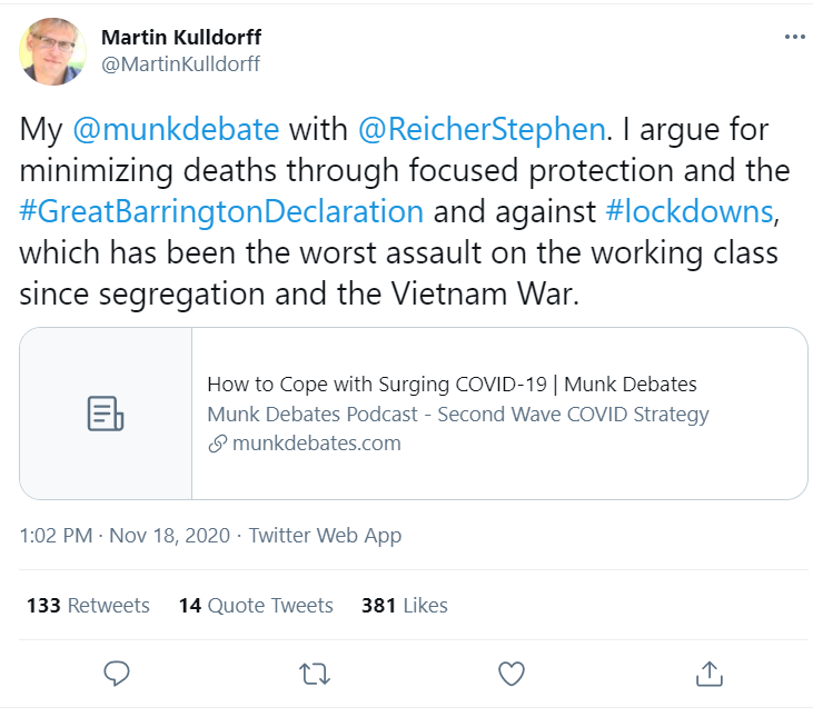 22/Here’s where I have to call out blatant misinformation.  @MartinKulldorff and the rest of the “Great Barrington” crowd have been crying crocodile tears over these inequities – which they fully blame on lockdowns – all while calling for an end to these necessary measures.