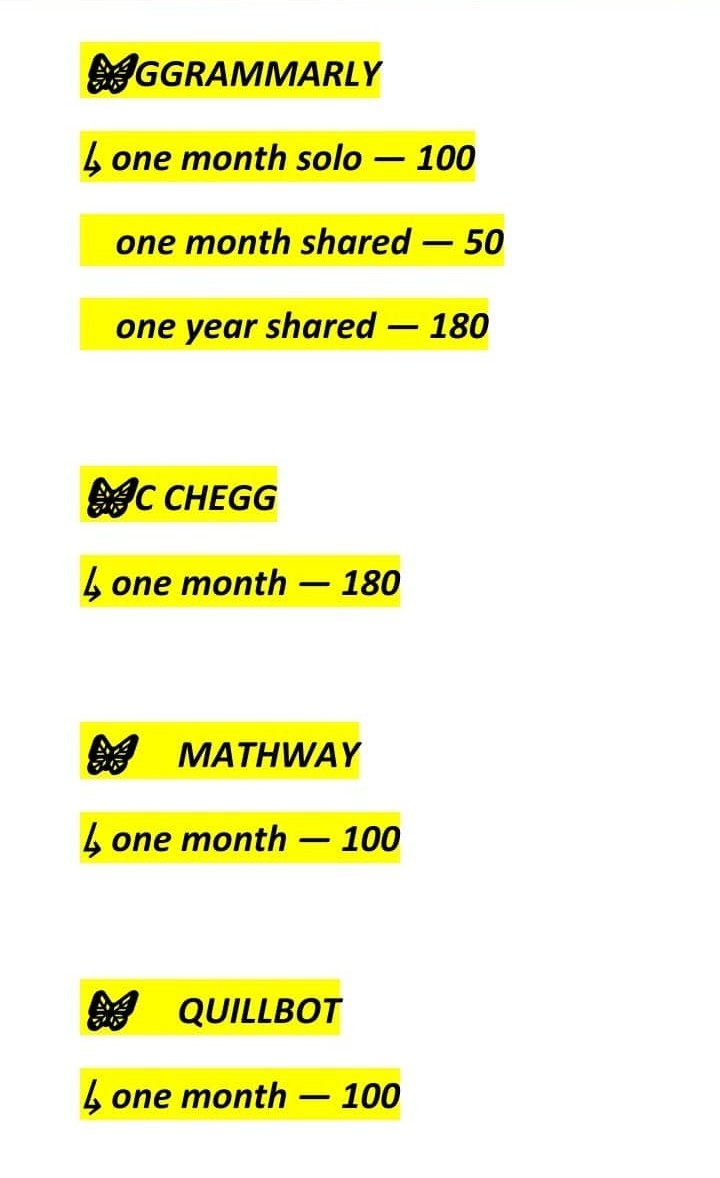 NetlifyP's tweet image. 📌GRAMMARLY
📌BAETLEBY
📌VIU
📌CANVA
📌CHEG
📌YOUTUBE PREMIUM
📌MATHWAY
📌QUILIBOT