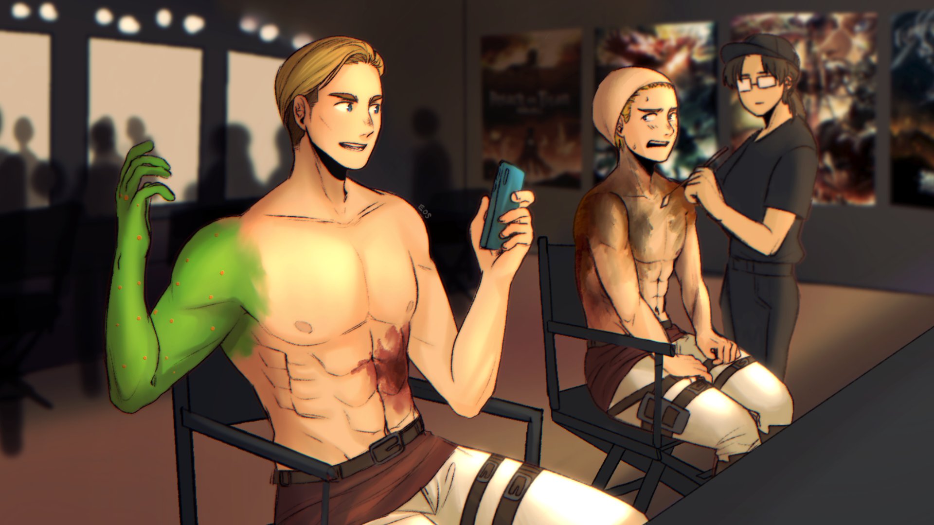 36. armin's in a bald cap and erwin still has his arm and stomach. 