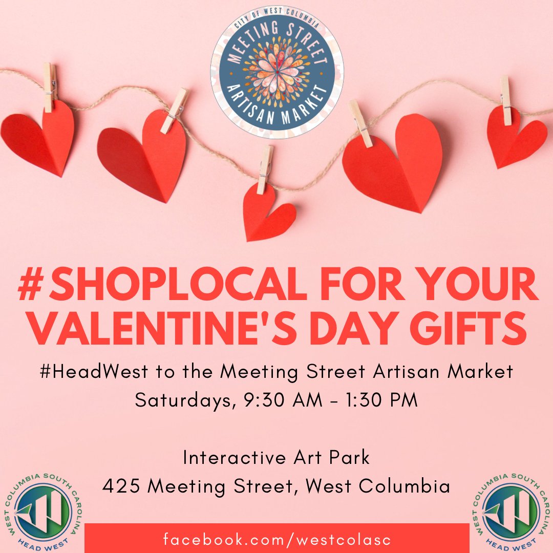 WestColumbiaSC's tweet photo. Pickup your locally made #ValentinesDay gift for your special someone at the Meeting Street Artisan Market, every Saturday, 9:30 AM - 1:30 PM, 425 Meeting Street, West Columbia. #ShopLocal #SupportLocal #HeadWest #WeCoSC #ArtonState #Gifts https://t.co/Zh5rt0oZmK