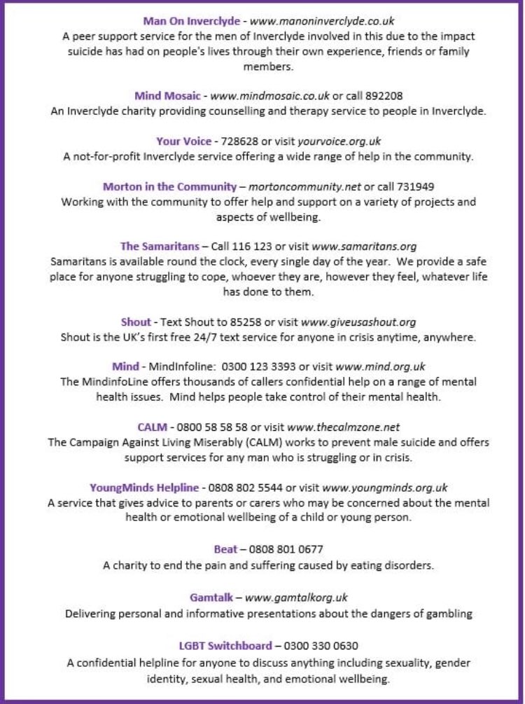 PortGlasgowHS's tweet photo. One small conversation has the power to break down barriers & remove stigma surrounding mental health problems – as highlighted in @greenocktele a reminder of all the excellent organisations available to offer help to those from a variety
#TimeToTalk #Quest2Talk https://t.co/YuWWHWrXT9