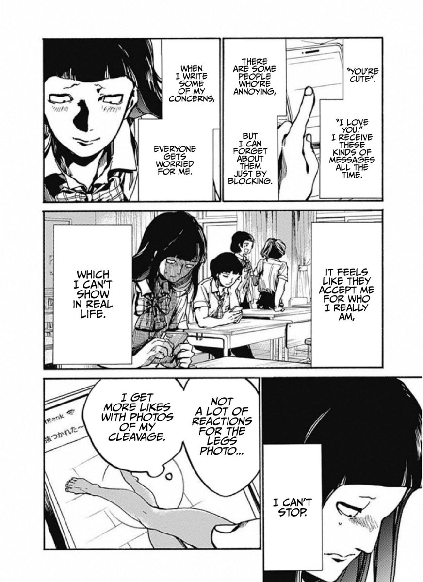 One example that highlights my point above is the chapter focusing on a student who would post erotic pictures on social media even though she was a plain girl online she would get compliments and the feeling of being cared for. Many on this platform can relate to that escapism.