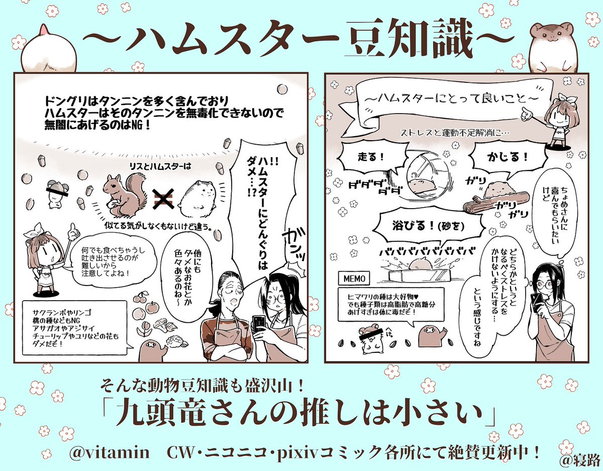 ハムスターってどんぐり食べちゃダメなの知ってた?
???

そんなハムスター豆知識がたくさん!
「九頭竜さんの推しは小さい」読んでみてね～～???
#くずおし
CW:https://t.co/rKDp1b2ErK
ニコニコ:https://t.co/IzCCONghbj
pixiv:https://t.co/SmmemEReRX 