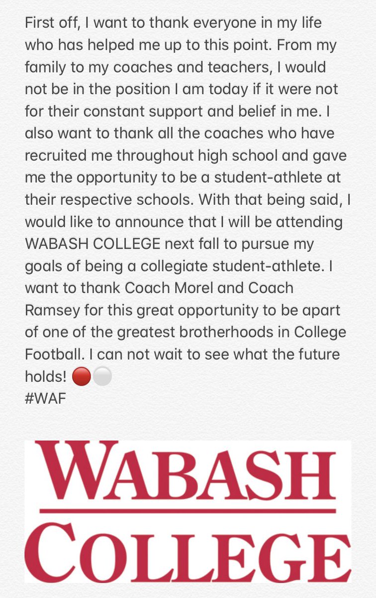 4454Samlong's tweet photo. I’m thrilled to announce my commitment to WABASH COLLEGE! Thank you @jefframsey8 and @WabashFB for this great opportunity! I can’t wait for the next 4 years! 🔴⚪️ #WAF #Pushfortheregion https://t.co/YvaZj57ne1