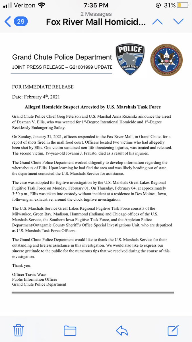 BREAKING: The U.S. Marshals arrested the Fox River Mall shooting suspect, 17-year-old Dezman Ellis, in Iowa this afternoon, per <a href="/GrandChutePD/">Grand Chute Police Department</a>. Story for <a href="/PostCrescent/">The Post-Crescent</a> to come.