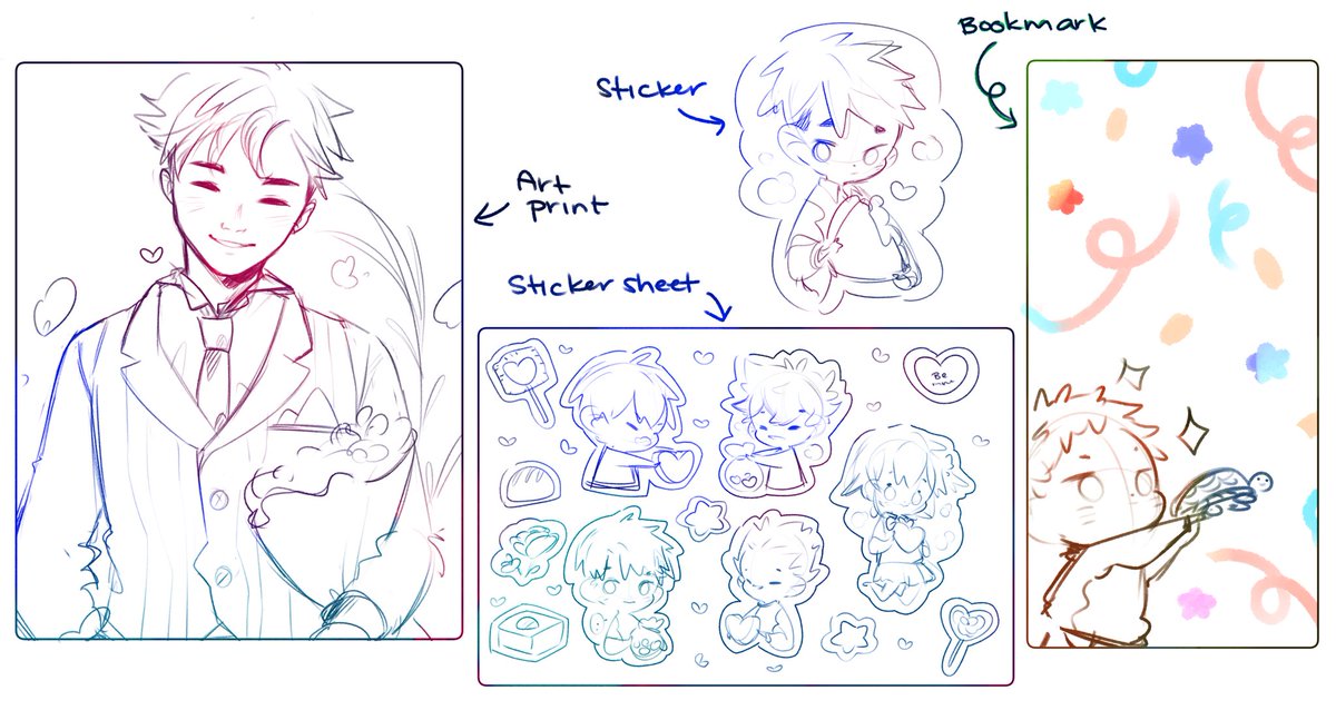 Rough sketch of February's patreon rewards. They're mainly valentines themed along with a happy little Aone~~ 