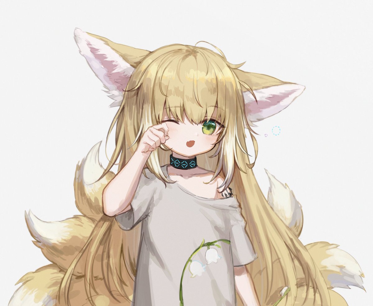 suzuran (arknights) 1girl animal ears solo fox ears one eye closed blonde hair tail  illustration images