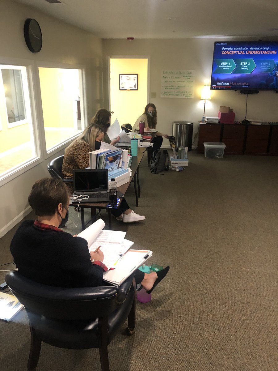 PaigeDannelley's tweet photo. Math textbook teams in action. Collaboration at its finest.  The PLC framework with essential standards &amp; deep content knowledge are paying dividends for us.  Great two days!  #virtualcaravan @KTSimmonsPhDMom @sheilaholt19 @LeshellSmith @MathOnThePorch https://t.co/AHTkDz3uh1
