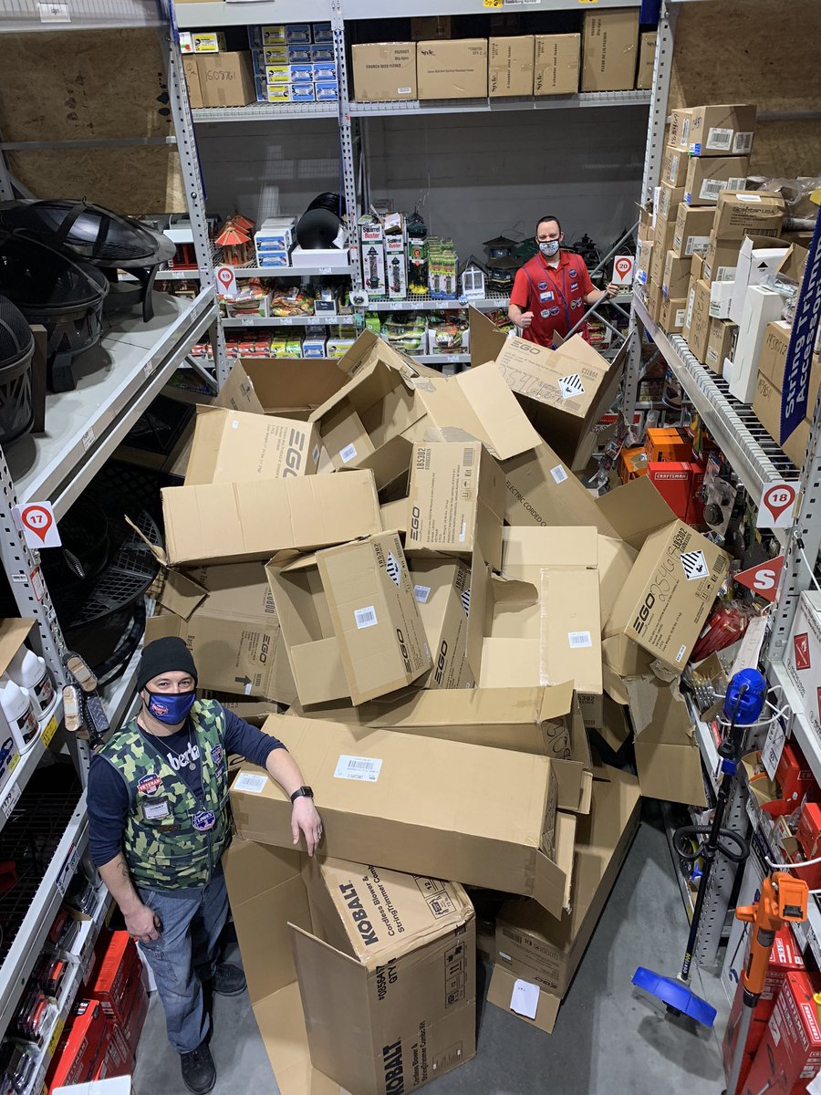 1676_s's tweet photo. I think The Groundhog was wrong! Howell @lowes is Springing to action in Outdoor Power Equipment!!! DH Joe &amp; Sonny crushing cardboard and striping Top Stock!!!! #cardboardchallenge @AndrewsP26 @JaneenV_HRBP @johnfesta14 @TweetUsR30 https://t.co/JKmPBY2KUo