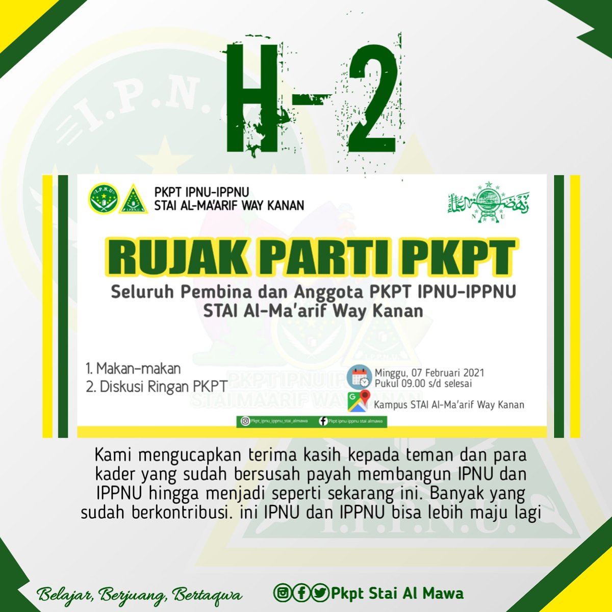 AlPkpt's tweet photo. H-2 rujak party PKPT 💚💛

Kami mengucapkan terima kasih kepada teman dan para kader yang sudah bersusah payah membangun IPNU dan IPPNU hingga menjadi seperti sekarang ini. Banyak yang sudah berkontribusi, Semoga IPPNU dan IPNU bisa lebih maju lagi

#ipnu #ippnu #ipnuippnu https://t.co/ZOHA0WfVtQ