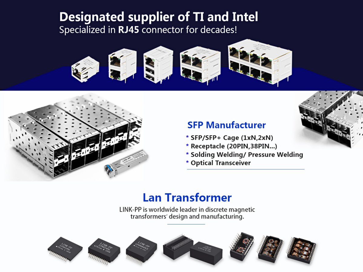 LINK_PP1997's tweet photo. Our Main products :
1. RJ45 connector (Non POE, POE / POE+/POE++ ), 10/100/1000M , 2.5G / 5G / 10G
2 . LAN transformer (Non POE, POE / POE+/POE++ ) 10/100/1000M , 2.5G / 5G / 10G
3 . SFP/SFP+ Cage & Receptacle
#Magjack #EMS #ODM #100DaysofCode #WomenWhoCode https://t.co/RMso2Wtkhy
