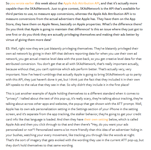 "Well, right now they [Apple] are just blatantly privileging themselves. They’ve blatantly privileged their own ad network"