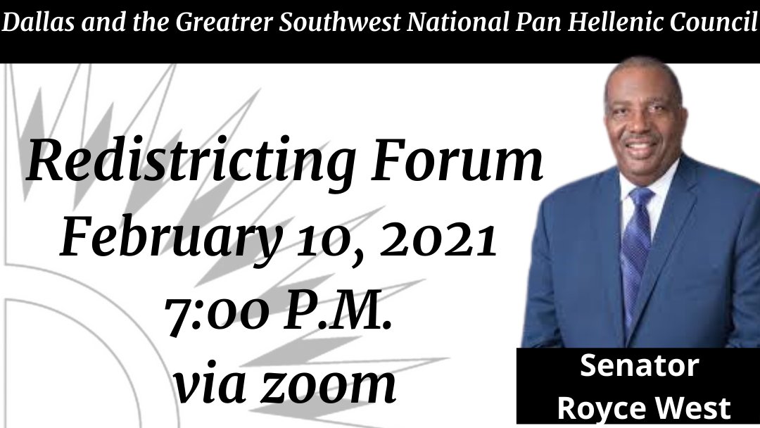 DallasNPHC's tweet photo. Join the Forum with Senator Royce West! #NPHCDallas
Zoom Meeting Information https://t.co/cduKVMQaIZ Meeting ID: 849 0081 3999 https://t.co/kj3NVgHDF7