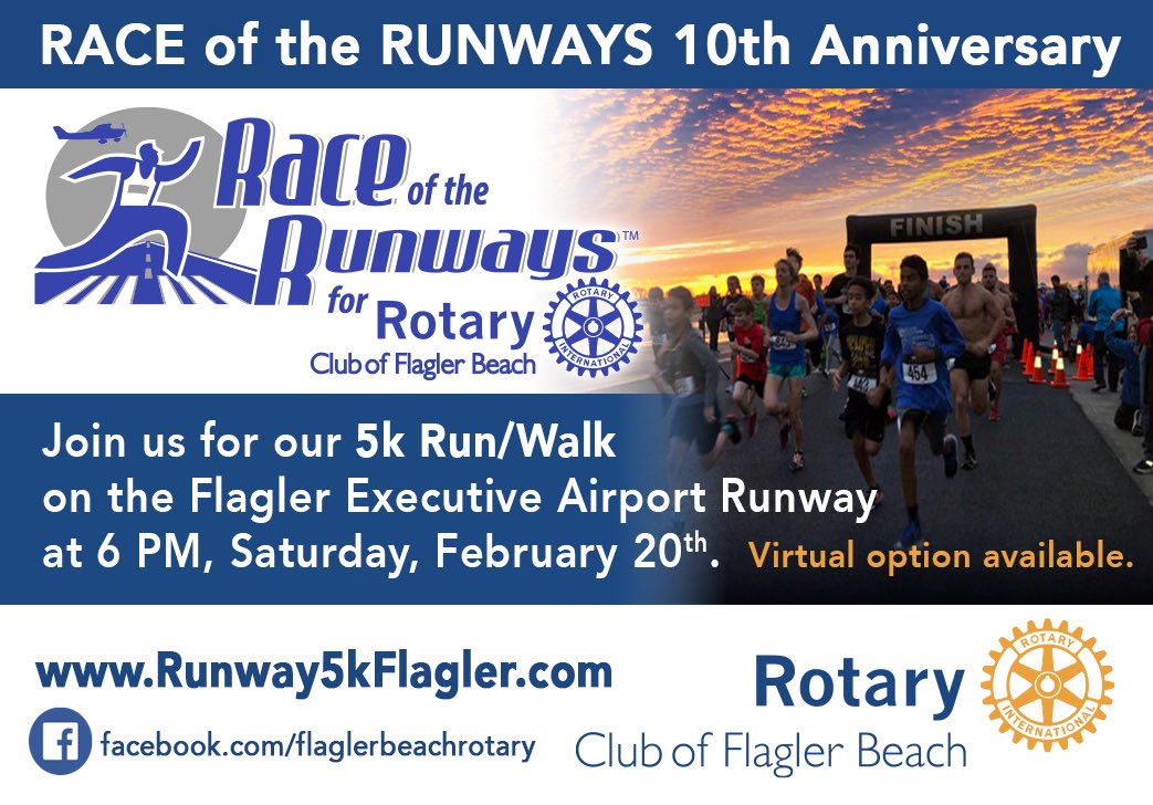 Run walk or crawl you can do it all at Race of the Runways for Rotary, Feb 20th.  Don’t miss this unique opportunity to do a 5K on a runway!