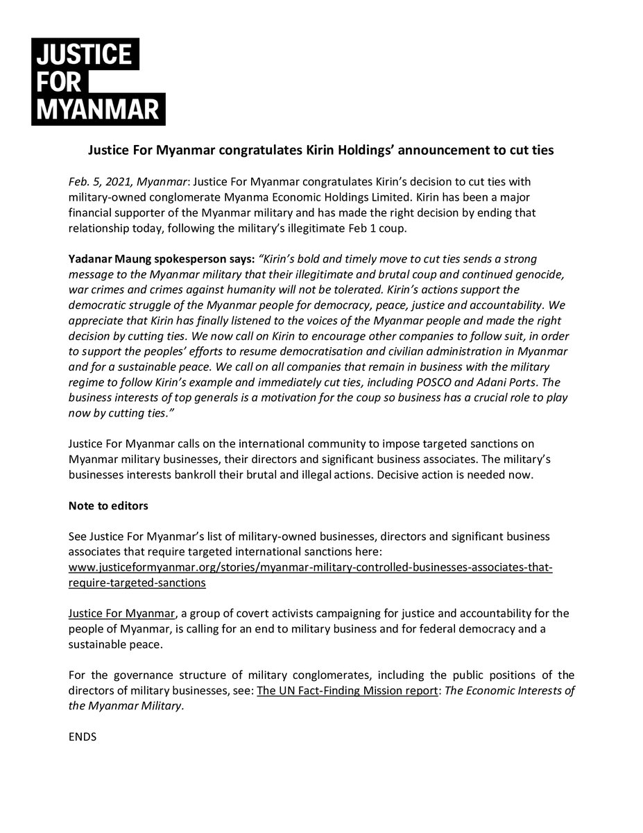 JusticeMyanmar's tweet photo. Press Release 📣Justice For Myanmar congratulates Kirin Holdings’ announcement to cut ties #WhatsHappeningInMaynmar #Myanmarcoup #CivilDisobedienceMovement #Myanmar @Kirin_Brewery https://t.co/LbSAazvCEE