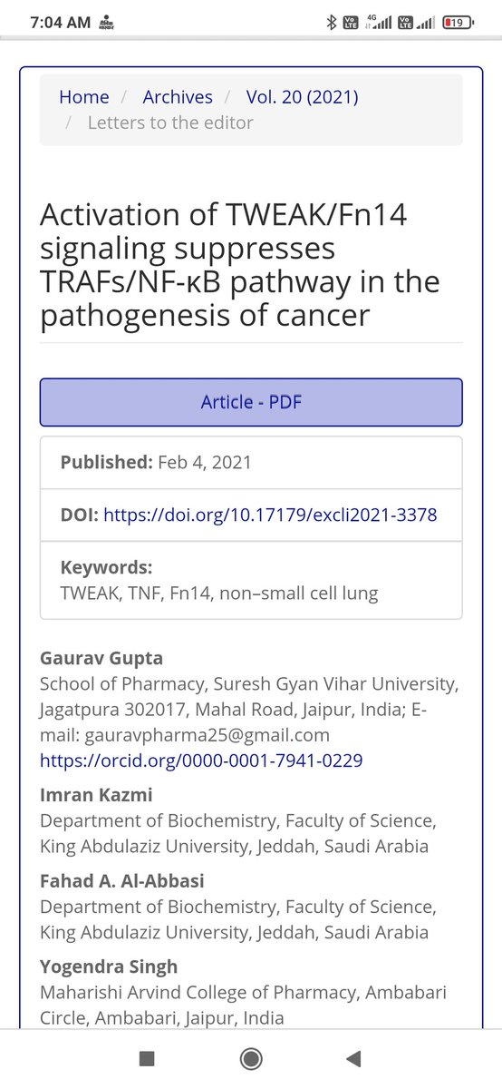 Today I am happy to share our latest study with impact factor 2.8 on TWEAK Pathway and cancer available at link given below  excli.de/index.php/excl…
@dinesh_kumar78 <a href="/Kam_Dua/">Kamal Dua</a> <a href="/gauravpharma25/">Gaurav Gupta</a>