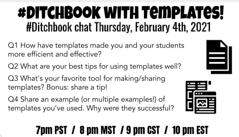 stephenchapin's tweet photo. Excited to take part in a #ditchbook chat on Templates tonight at 9:00CST. For those of you that are looking for ideas around #edtech, you are nuts not to join in. Fire up Tweetdeck and be a part! #edtechchats schedule here: https://t.co/9VyhWswyKQ #EDMA637LK #StJamesMSHS https://t.co/MjH5a32Amr