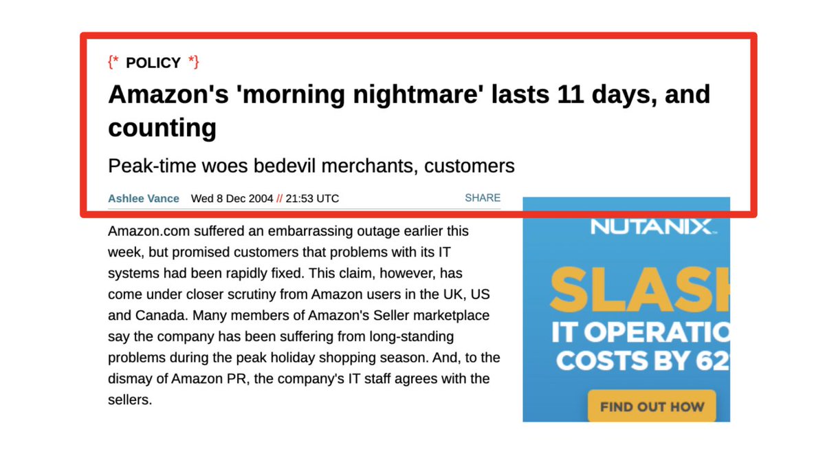 5/ The timeline coincided w/ the '04 Xmas season, when AMZN suffered major stability issues. Despite the challenges, Bezos was fixated on the idea:"I’m going to change the psychology of people" comparing Amazon to others. He wanted AMZN's value to be crystal clear.