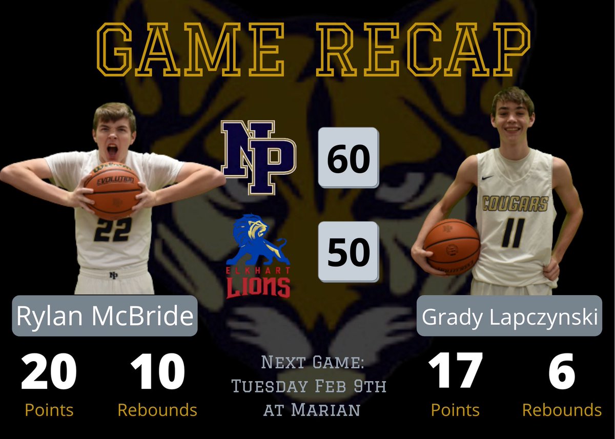 Cougar Victory!!  Balanced attack leads to a 60-50 win at Elkhart.  Next up is Marian on Tuesday. 
#GoCougars